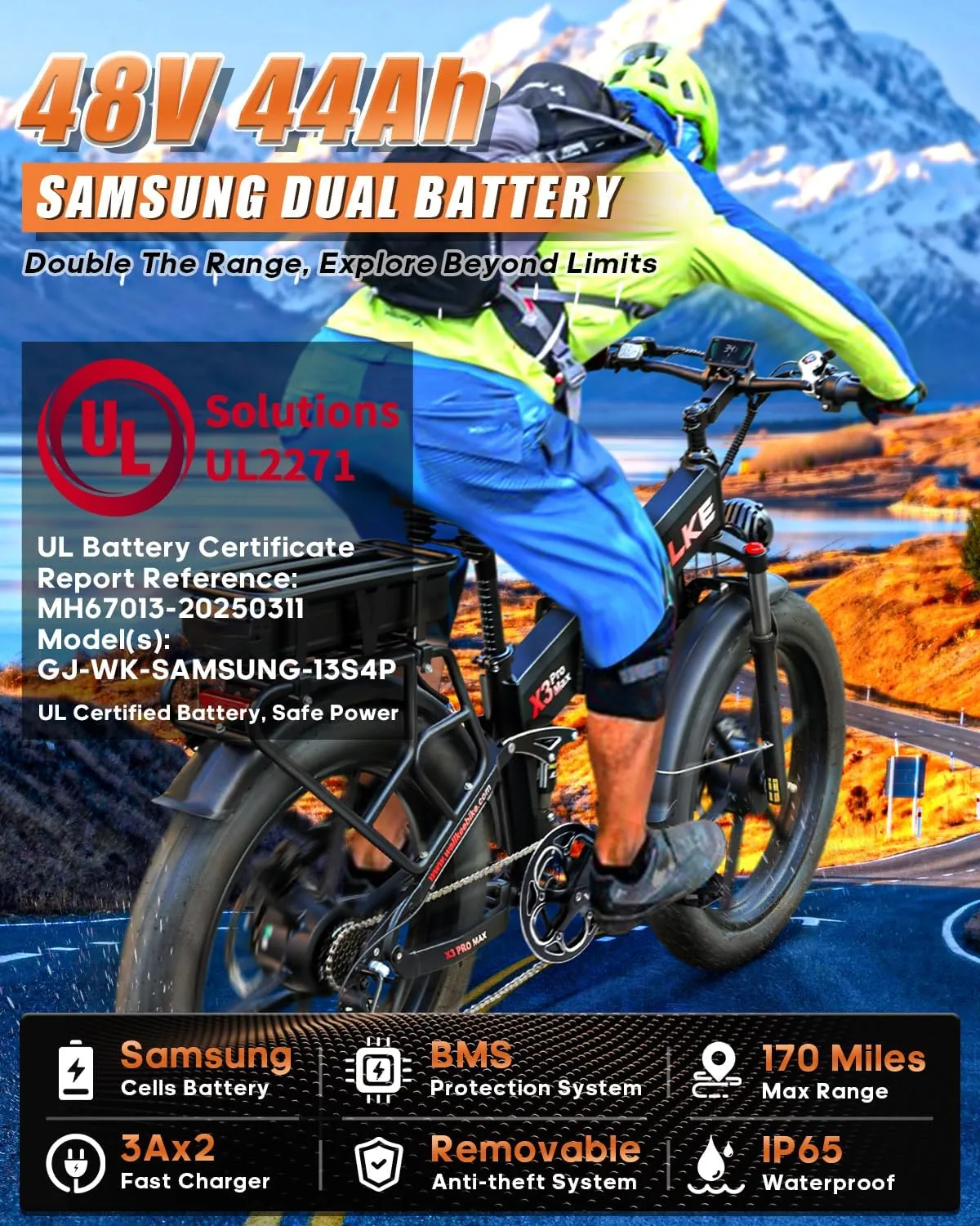 W Wallke Actual 2800W Dual Motor Folding Mountain Electric Bike, 48V 44Ah Battery 170 Mile,26" Fat Tire 35MPH Fast Adult Ebike, Full Suspension Hydraulic Brake, UL2849 Certification