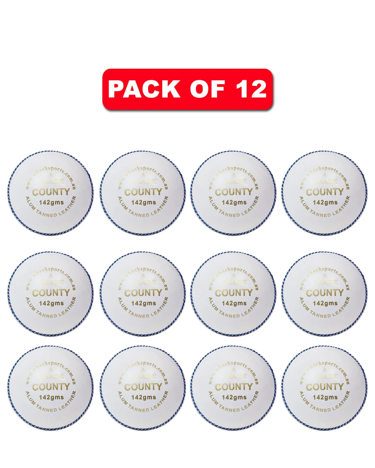 WHACK 2 Piece County Leather Cricket Ball Bundle - 142gm - White - Pack of 6x or 12x