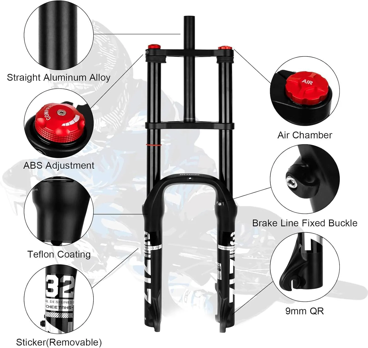 ZTZ 20/26 inch 4.0 Fat Tire Bike Air Suspension Fork - 180mm Travel, 135mm Hub Spacing, QR 9mm, Double Crown Shock Absorber Fork for MTB Fat Snow Beach E-Bike