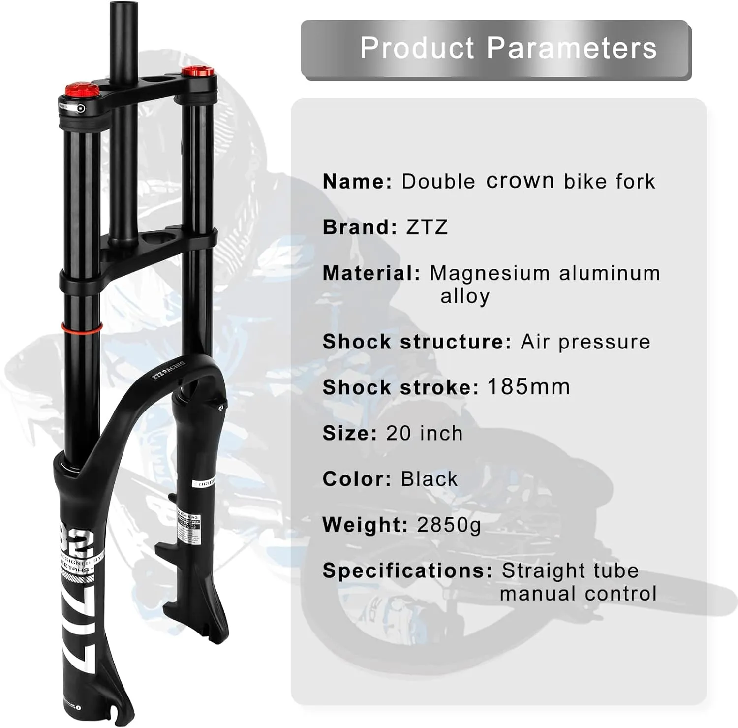 ZTZ 20/26 inch 4.0 Fat Tire Bike Air Suspension Fork - 180mm Travel, 135mm Hub Spacing, QR 9mm, Double Crown Shock Absorber Fork for MTB Fat Snow Beach E-Bike
